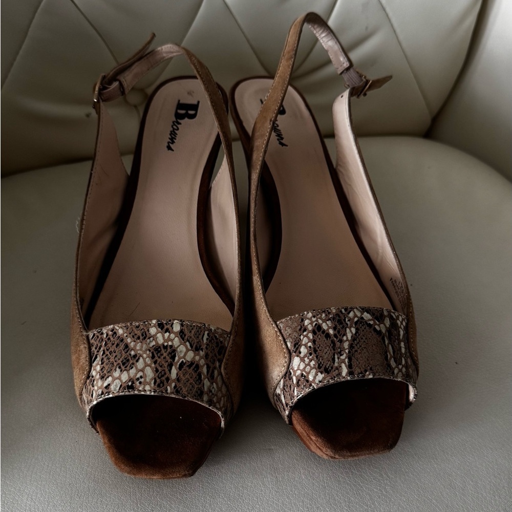 Bussola Brown Snake-Print Slingback Peep-Toe Mules